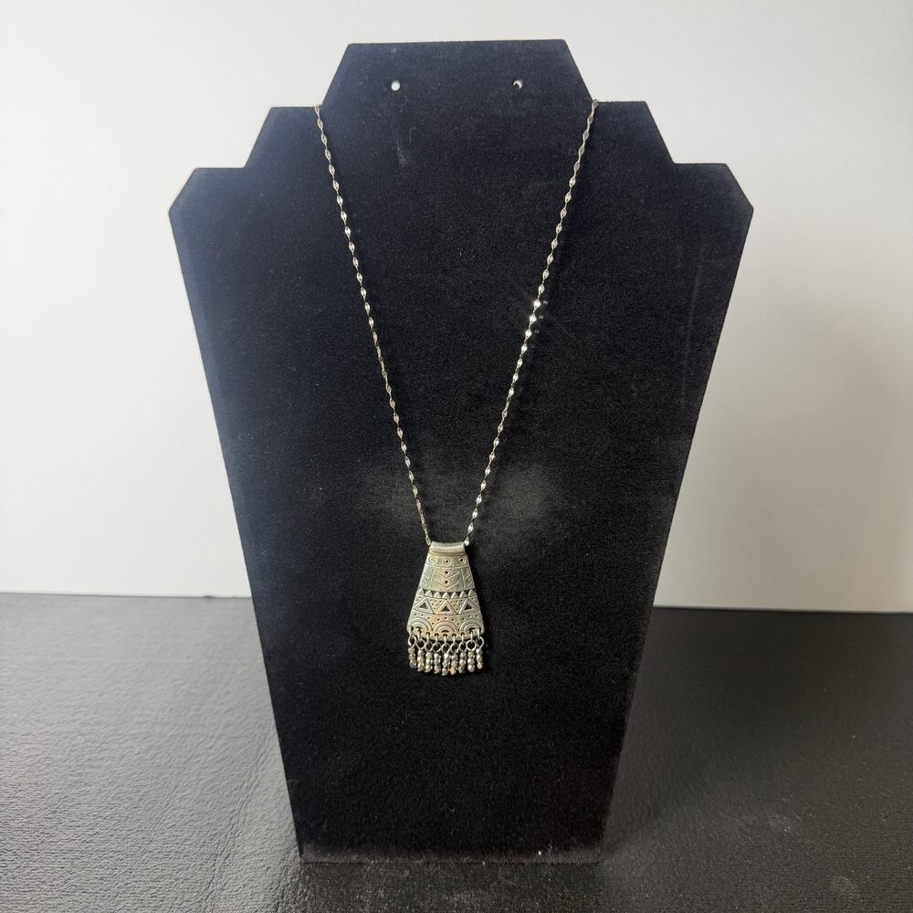 Retired Brighton Silver Tribal Fringe Pendant Necklace 18" + Ext